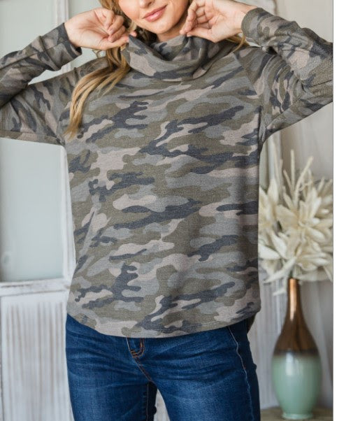 Camo Cowl Neck Long Sleeve Top