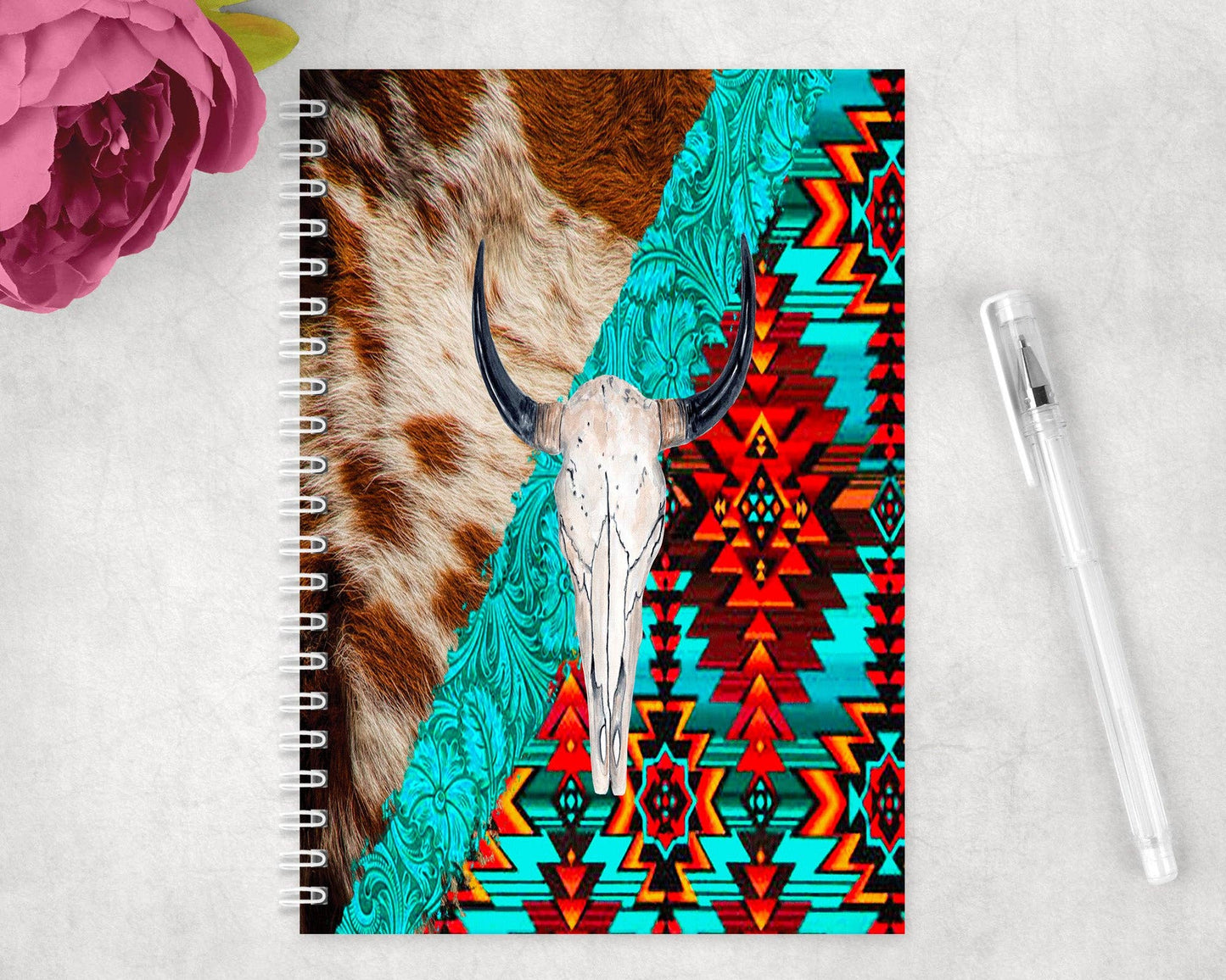 Cowhide and Aztec Bull Skull Spiral Journal